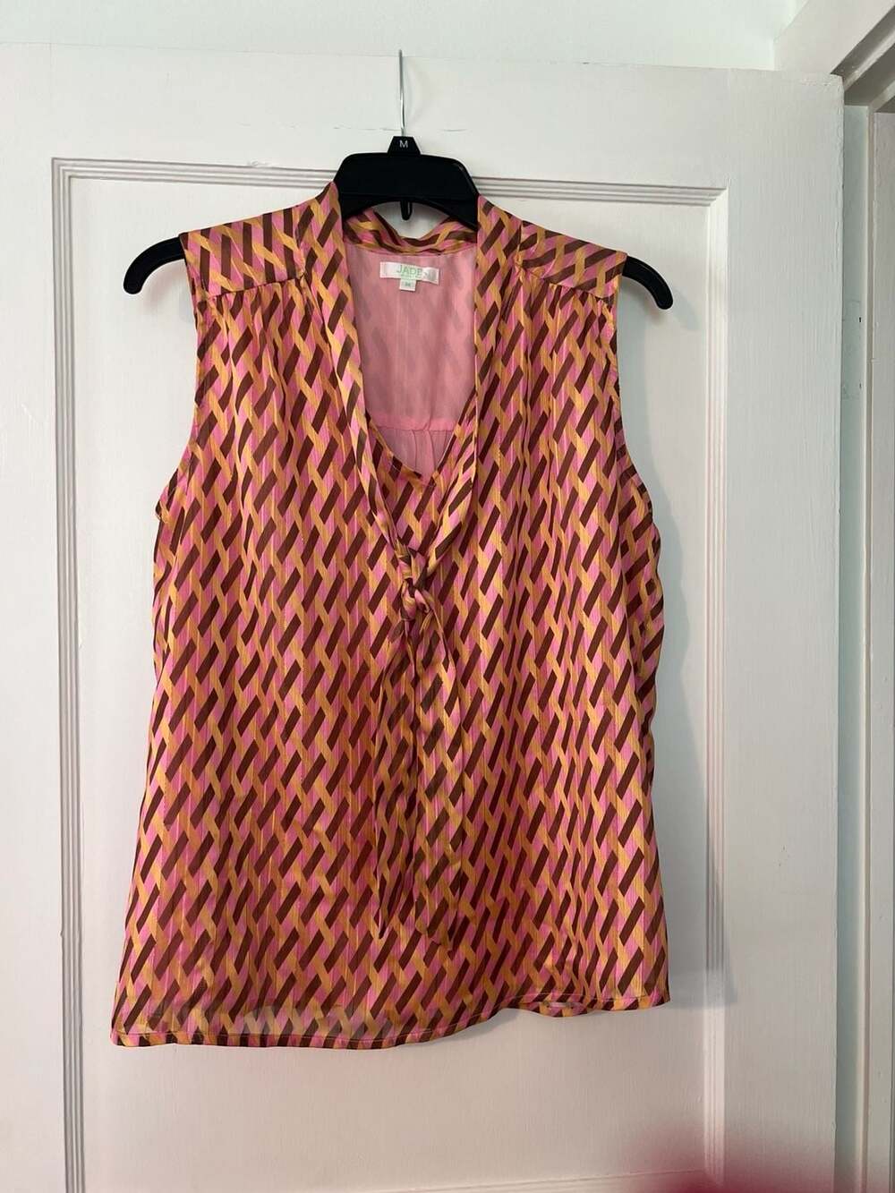 Jade Melrose & Market Geometric Lattice Sleeveless Tie-Neck Blouse